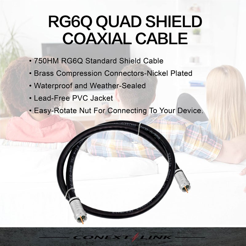 Conext Link RG6 Quad Shield Coaxial Cable F Connector 18 AWG 3GHZ 75 Ohm Sat TV (15FT, Black) ï¼ˆ33005ï¼‰ - Image 4